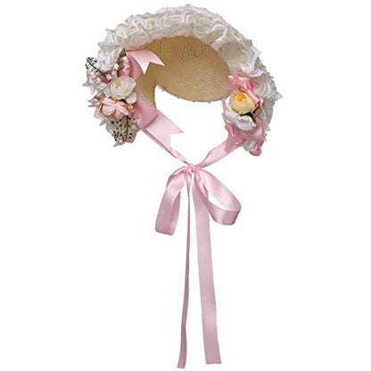 COSDREAMER Girls Women Victorian Bonnets Lace Flowers Tea Party Hats - color: Pink
