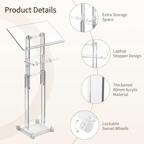 Acrylic Podium Stand Portable, Rolling Podium with Wheels, Clear Podium with Storage Shelf, Lockable Wheels for Churches, Classroom, Weddings, Speech (Adjustable Size, 37.8-47.2 inches Tall) | 37.8–47.2 in height range, tilting top, storage shelf and lock