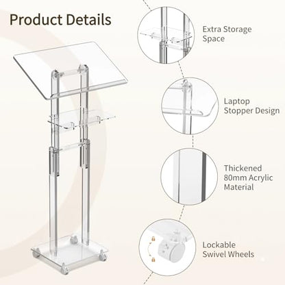 Acrylic Podium Stand Portable, Rolling Podium with Wheels, Clear Podium with Storage Shelf, Lockable Wheels for Churches, Classroom, Weddings, Speech (Adjustable Size, 37.8-47.2 inches Tall) | 37.8–47.2 in height range, tilting top, storage shelf and lock