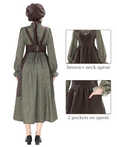 NSPSTT Prairie Dress Women Pioneer Dress Colonial Costume - color: Green Dress+brown Apron, size: X-Large