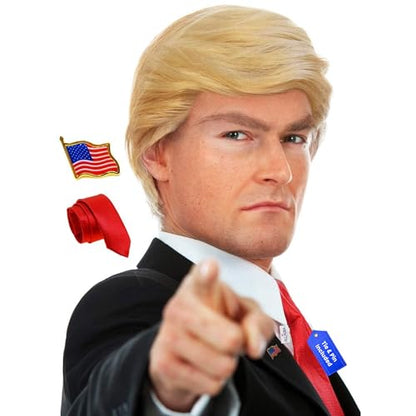 ALLAURA 3pc Donald Costume Kit – Blonde Wig, Red Tie, Flag Pin – Compatible with Pres Donald Wig Halloween Costume for Adults, Couples, Cosplay, Political Events, Parody Outfits, Toupee Wig Look - color: 1-Blonde