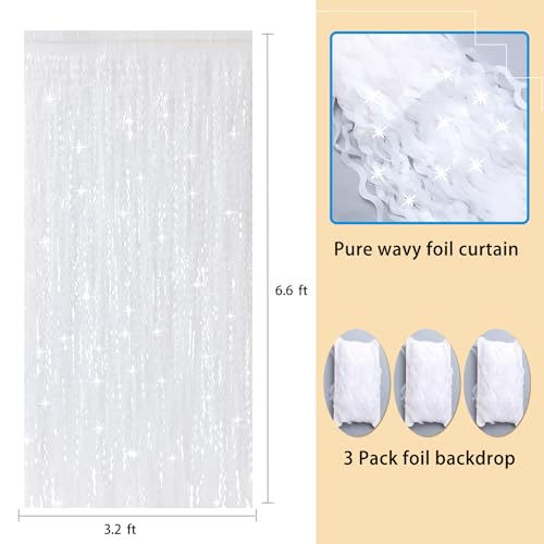 3Pcs Wavy White Metallic Tinsel Curtain Foil Fringe Backdrop,3.3 ft x 6.6 ft Streamer Photo Booth Props for Party Door Wall Curtains Bachelorette Birthday - color: Pure White