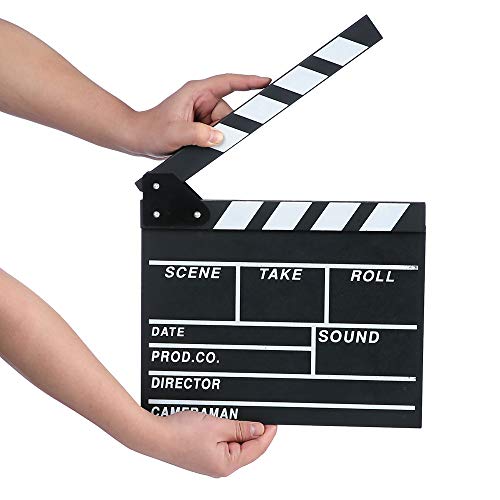 Movie Film Clap Board, Hollywood Clapper Board Wooden Film Movie Clapboard Accessory with Black & White, 12"x11" Give Away White Erasable Pen - size: 11"W x 12"H