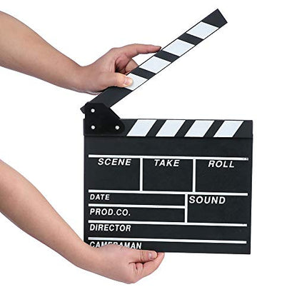 Movie Film Clap Board, Hollywood Clapper Board Wooden Film Movie Clapboard Accessory with Black & White, 12"x11" Give Away White Erasable Pen - size: 11"W x 12"H
