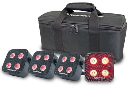 Rockville 4 Pack MINI IR4 Black 48W LED Par Wash Lights, 4x12W RGBWA+UV, Wireless DMX, App Group Control, Rechargeable Battery, Travel Bag, for DJs and Party Events | Up to 22-Hour Rechargeable Battery, Wireless DMX, App Control, IR Remotes, Sound Modes,