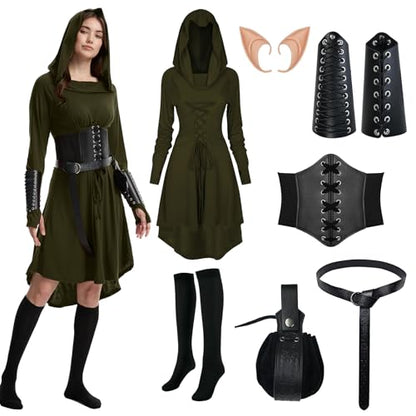 HODBLKT 7PCS Women Renaissance Fairy Costume Medieval Elf Dress Halloween - color: Green, size: X-Small