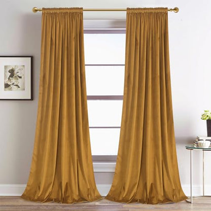 Roslynwood Luxury Soft Mustard Velvet Curtains 63 inches Long Back Tab Thermal Insulated Blackout Window Drapes for Living Room/Bedroom/Dining Room, W52 x L63, 2 Panels - color: Mustard, size: 52"W x 63"L (Pack of 2)