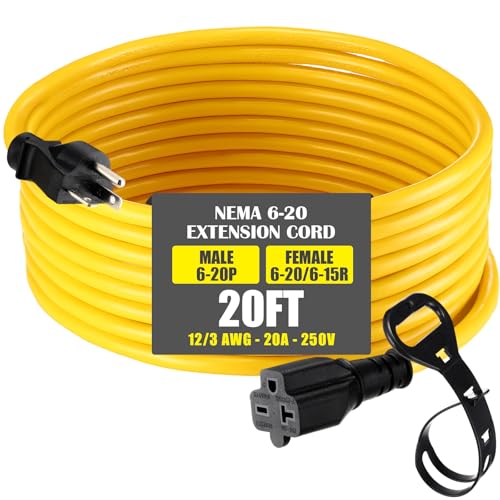 20 ft Nema 6-20 Extension Cord, Nema 6-20p Male Plug to 6-20r/6-15r Female Receptacle, 20 Amp T-Blade Outlet Extension Power Cord with Waterproof Sockets, Heavy Duty 12/3 Awg, 250v, 5000w - size: 20 ft
