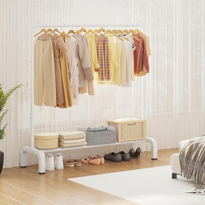 JIUYOTREE Metal Clothing Rack, 43.3 Inches Clothes Garment Coat Rack with Bottom Shelf for Hanging Skirts, Shirts, Sweaters, White | Metal 43.3 Inches Garment Rack Clothing Clothes Rack with Bottom Shelf for Hanging Clothes Coats Skirts Shirts Sweaters Wh