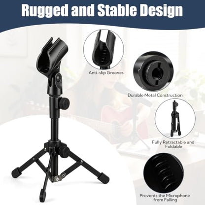 4 Pack Desk Mic Stand, Portable Foldable Tripod Microphone Stand with Mic Clip Holder, Adjustable Tabletop Stand for Blue Yeti, Snowball, Shure SM58, Dynamic & Condenser Microphones ﻿