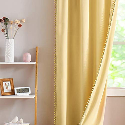 Pom Pom Velvet Curtains for Kid's Bedroom Yellow 42x84" Living Room Drapes - color: Pom Pom- Yellow, size: 42"W x 84"L (Pack of 2)