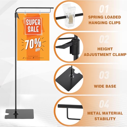 Blulu 2 Pcs Adjustable Hanging Poster Stand Sign Holder 43-87 Inch Pallet Floor Standing Poster Display Black Heavy Duty Double Sided Clip on Mobile Banner Stand with Base for Outdoor Hanging Display