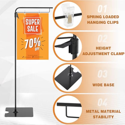 Blulu 2 Pcs Adjustable Hanging Poster Stand Sign Holder 43-87 Inch Pallet Floor Standing Poster Display Black Heavy Duty Double Sided Clip on Mobile Banner Stand with Base for Outdoor Hanging Display