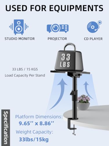 suptek Clamp-on Speaker Stand Desk Mount, Height Adjustment, Swivel, Tilt, 9.6 x 8.8 in Trays, Universal Audio Holders for Bookshelf Speakers, Elevated Sound, Against the Wall, 2 Pack, Black, SDM001KT - size: Tilt Speaker Stands Against the Wall