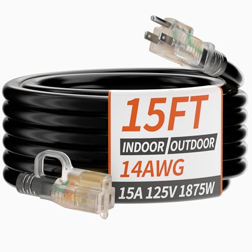 PlugSaf 14/3 Gauge 15 FT Extension Cord Outdoor, Heavy Duty Extension Cord - color: Black, size: 15FT