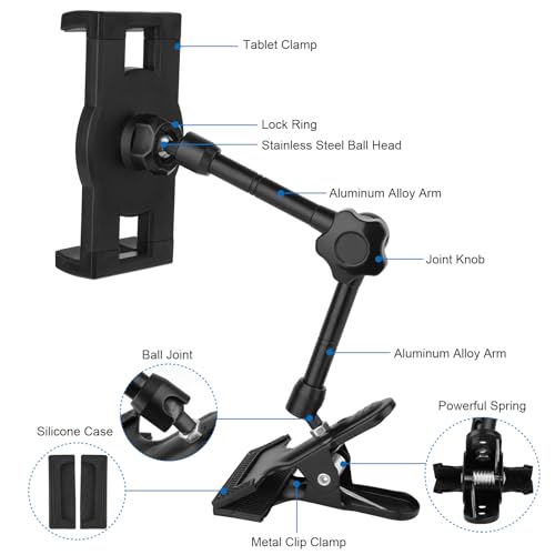 Mippko Tablet Holder for Desk/Table/Easel/Board/Shelf,360° Adjustable Aluminium Alloy Arm Metal Clamp iPad Mount,Compatible with 7~12.9" iPad/Nexus/LG G Pads/e-Reader/Switch