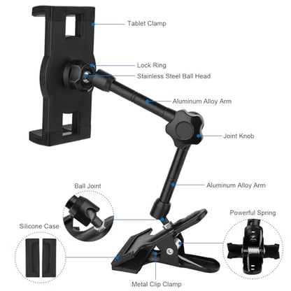 Mippko Tablet Holder for Desk/Table/Easel/Board/Shelf,360° Adjustable Aluminium Alloy Arm Metal Clamp iPad Mount,Compatible with 7~12.9" iPad/Nexus/LG G Pads/e-Reader/Switch