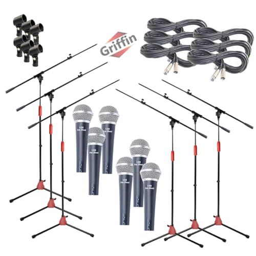 GRIFFIN 6 Pack Boom Mic Stands (StageLOCK Series) with Cardioid Vocal Microphones & 20ft XLR Cables – Tripod base for Studio Recording or Karaoke