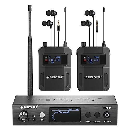 Phenyx Pro Wireless in Ear Monitor System,Dual in Ear Monitors for Musicians, Mono Stage Monitor, Metal IEM w/ 2 Bodypacks, 50 UHF Frequencies, Rack Mount, 164ft Range, for Studio/Band (PTM-11-2B) - size: 2 receivers+1 transmitter