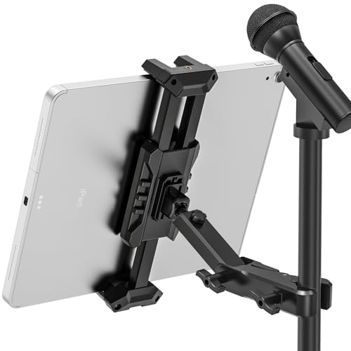 iPad Holder for Mic Stand, Tablet Music Stand Holder with C-Clamp for Sheet Music Stand, 360° Rotation Clip-on Phone Mount Fits All 4.7-13.5" Tablet & Smartphones
