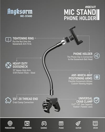 KBC1417 Phone Holder for Mic Stand, 13-Inch Gooseneck, Super Clamp | Mic Stand Phone Mount, Music Stand Phone Holder, Super Clamp Mount, 13-Inch Gooseneck, 0.47-1.8 Inch Pole Clamp - size: 13" with Clamp
