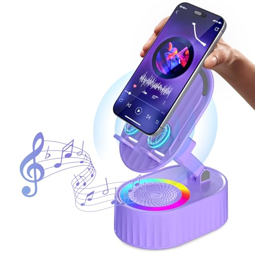AKLLCCR Wireless Induction Bluetooth Speaker 5in1 Phone Holder Speaker | 3000mAh Rechargeable Phone Speaker Amplifier,Ambient Light,Portable Stand for iPhone,Android,Ideal Gift for Men/Women - color: Purple
