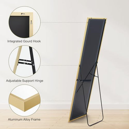 OLIXIS Full Length Mirror 59"x16.3" for Bedroom, Full Body Mirror with Stand, Hanging or Leaning for Wall, Aluminum Alloy Thin Frame Floor Standing for Living Room, Long, Gold