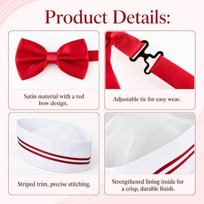 Adult 1950s Waiter Costume Kit for Men Women | Movie Night Worker Costume Set with Red & White Striped Apron Hat Bow Tie Polka-dot Scarf for Halloween 1950s Party Cosplay - color: Red - Men 5pcs