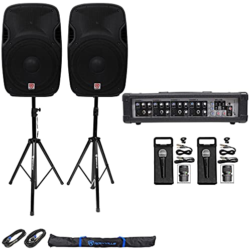 Rockville SPGN158 15" Passive PA Speakers 2-Pack with RPM45 Powered Mixer