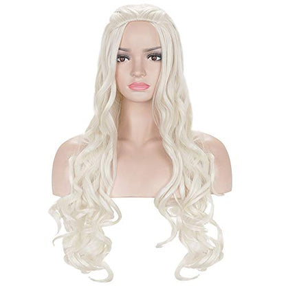 Long Blonde Braided Cosplay Wig Womens Blond Wavy Curly Synthetic Hair Wigs for Halloween Costume Party(Light Blonde) - color: Light Blonde, size: Long