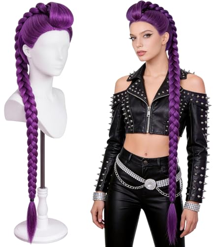 43.3 Inch Purple Braided Ponytail Wig for Adults, Anime Cosplay Extension | Long hot pink synthetic wig for adults, ideal for anime cosplay, Halloween, carnival, costume parties and dress-up - color: Deep Purple