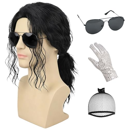 5Pcs Set- Black Curly Wig + Sequin Glove + Sunglasses + Hair Tie + Wig Cap for Men Women Performance Costume Cosplay Halloween & Dress-Up Events