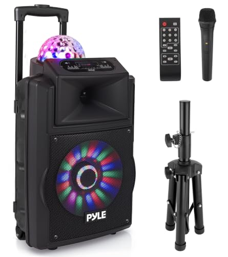 Wireless Portable PA Speaker System - 700 W Battery Powered Rechargeable Sound Speaker and Microphone Set with Bluetooth MP3 USB Micro SD FM Radio AUX 1/4" DJ Lights - for PA/Party - Pyle PSUFM1280B