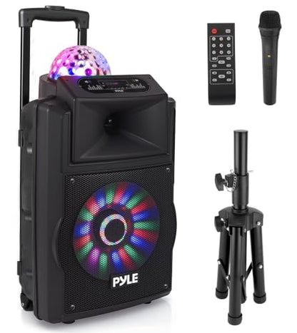 Wireless Portable PA Speaker System - 700 W Battery Powered Rechargeable Sound Speaker and Microphone Set with Bluetooth MP3 USB Micro SD FM Radio AUX 1/4" DJ Lights - for PA/Party - Pyle PSUFM1280B