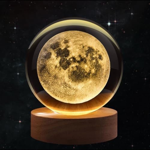 Flexzion 3D Moon Crystal Ball Night Light - LED Light Hologram Glass Lamp with Solid Wood Base, USB Powered Crystal Ball Lamp with Adjustable Brightness for Home Decor Display Gift, 2.4inch(60mm) | Moon Lamp with Solid Beech Wood Base and Adjustable Brigh