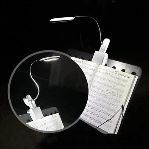 Music Stand Light, Clip on LED Book Lights, USB and AA Battery Operated, Reading Lamp in Bed, 3 Brightness Levels, Ideal for Musician, Piano Player, Kids, Travel (White) - color: White