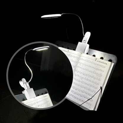 Music Stand Light, Clip on LED Book Lights, USB and AA Battery Operated, Reading Lamp in Bed, 3 Brightness Levels, Ideal for Musician, Piano Player, Kids, Travel (White) - color: White