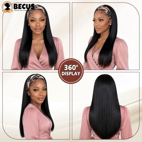 BECUS 20" Straight Headband Wig Natural Black Everyday Style - color: A-Straight Black, size: 20 Inch