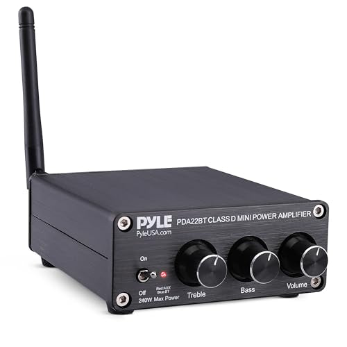 Pyle 240W Mini Bluetooth Home Stereo Amplifier - 2 Channel Compact Micro Receiver with Bass & Treble Control Dials - Includes Power Supply - Use with Passive Speakers for Indoor - Garage - Desktop - color: 240 Watt