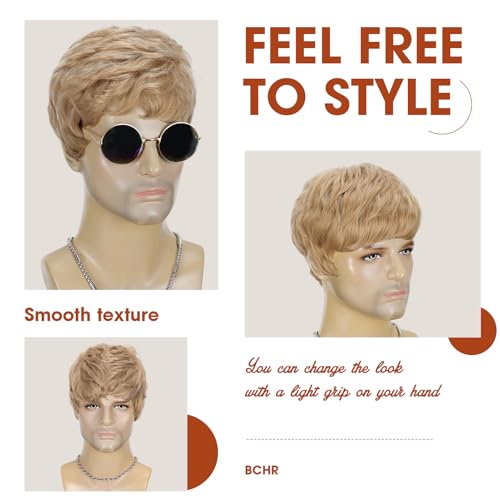 Mens Blonde Wig Short Layered Blond Straight Wig for Male Guys Synthetic Heat Resistant Fiber Natural Dirty Blonde Mens Wig for Halloween Party Anime 90s 2000s Use - color: Dirty Blonde