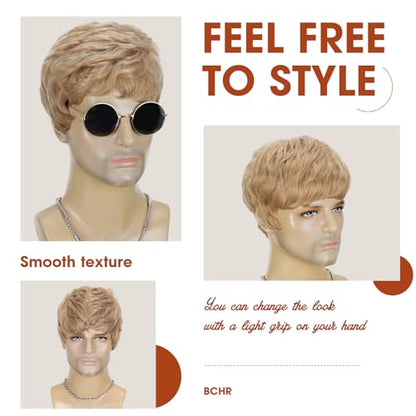 Mens Blonde Wig Short Layered Blond Straight Wig for Male Guys Synthetic Heat Resistant Fiber Natural Dirty Blonde Mens Wig for Halloween Party Anime 90s 2000s Use - color: Dirty Blonde