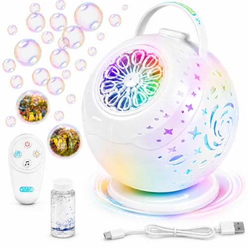Rechargeable Bubble Machine for Kids with Remote Control | 20,000+ bubbles per minute, 90°/360° rotation, 50 minute runtime, 1 hour USB-C charging, a 420 mL tank for parties - color: Globe