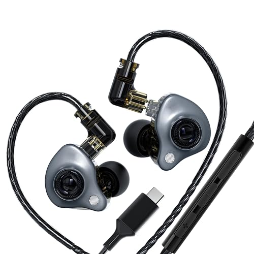 in Ear Monitor Headphones with Mic,USB C,Gray,10mm Driver | 10mm Dynamic Driver,Detachable 4N OFC Cable,HiFi IEM Earphones for Gaming and Gift Giving - color: Gray