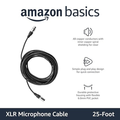 Amazon Basics XLR Male to Female Microphone Cable for Recording Studio, Speaker or PA System, All Copper Conductors, 3-Pin, Shielding, 6MM PVC Jacket, 25 Foot, Black - size: 25 Feet, style: 1-Pack