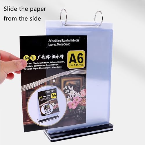 2Pcs Table Flip Menu Holder with 6 Pages Sleeve, 4" X 6" Tabletop Sign Signage Vertical Display Stand with Base, Acrylic PVC Rotating Poster Binders Rack, for Photo, Restaurant, Bar, Job Fair