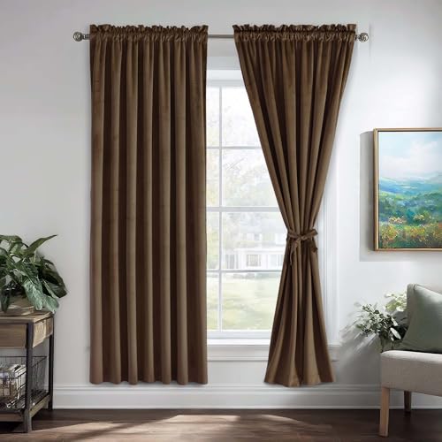 JIUZHEN Brown Velvet Curtains 63 inches - Privacy Protect Room Darkening Rod Pocket Thick Velvet Window Drapes for Bedroom/Living Room, Set of 2 with Tiebacks, W42 x L63 inches - color: Brown, size: 42"W x 63"L (Pack of 2)