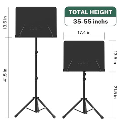 GLEAM Sheet Music Stand - Full Metal with Carrying Bag, Phone Holder, Sheet Music Folder and Clip, 5 in 1 Desktop Book Stand - Black