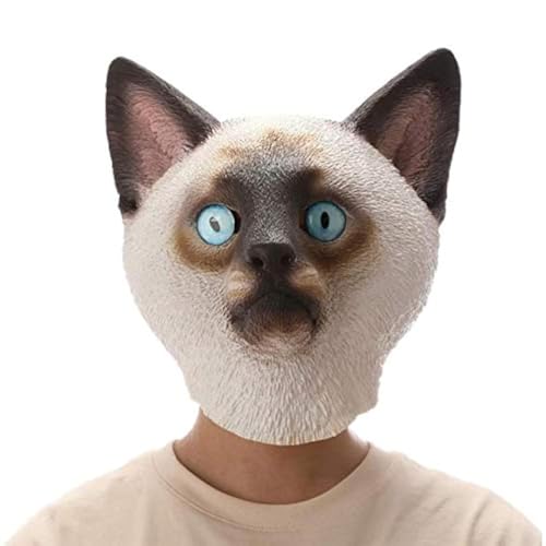 CreepyParty Siamese Cat Mask for Adults, Natural Latex Siamese Cat Costume Mask for Halloween Parties and Cosplay