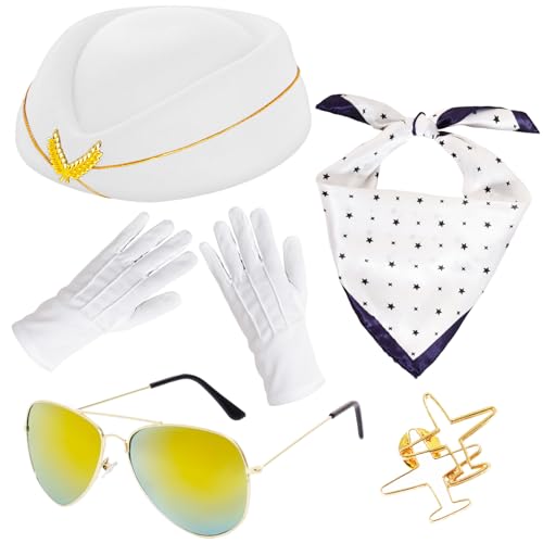 5 Pcs Flight Attendant Costume Accessories Women Airline Stewardess Outfits Flight Attendant Hat Pin Sunglasses Scarf Gloves - color: White