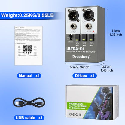 Depusheng Ultra-DI Di2 Professional Active 2-Channel DI-Box/Splitter w/Input Attenuator to Connect Guitar & Bass,Connector to Balanced & Unbalanced，Support 48V power supply